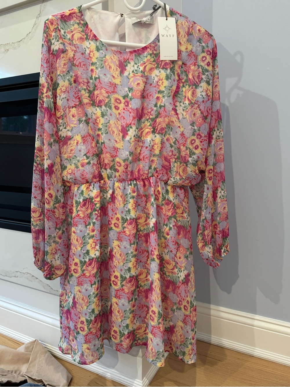 WAYF Pink Floral Long Sleeve Girls Dress with Multicolor Blooms